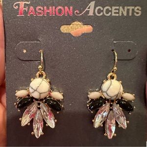 NWT Fashion Accents Earrings gold w/ howlite cabochon,gray, clear & black jewels